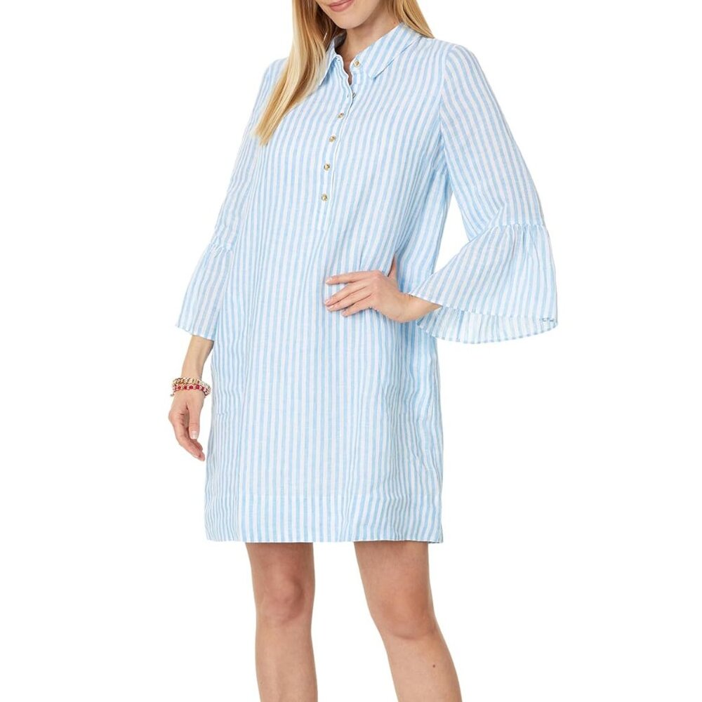 Lilly Pulitzer Jazmyn 100% Linen Tunic Shirt Dress Blue Stripe Flounce NWT 6 - Picture 2 of 4
